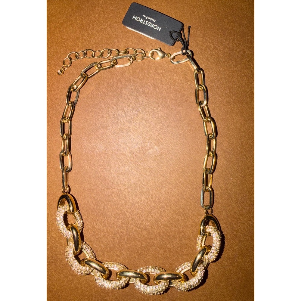 Nordstrom Gold Pave Crystal Link Necklace Paperclip Chain Clear Gold